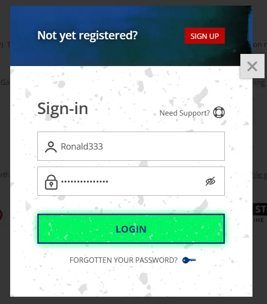 Barz Casino login and registration form